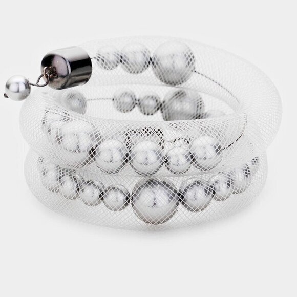 Women's Gray Pearl Bracelet Elegant‎ Adjustable Mesh Tube Bracelet - Picture 2 of 10